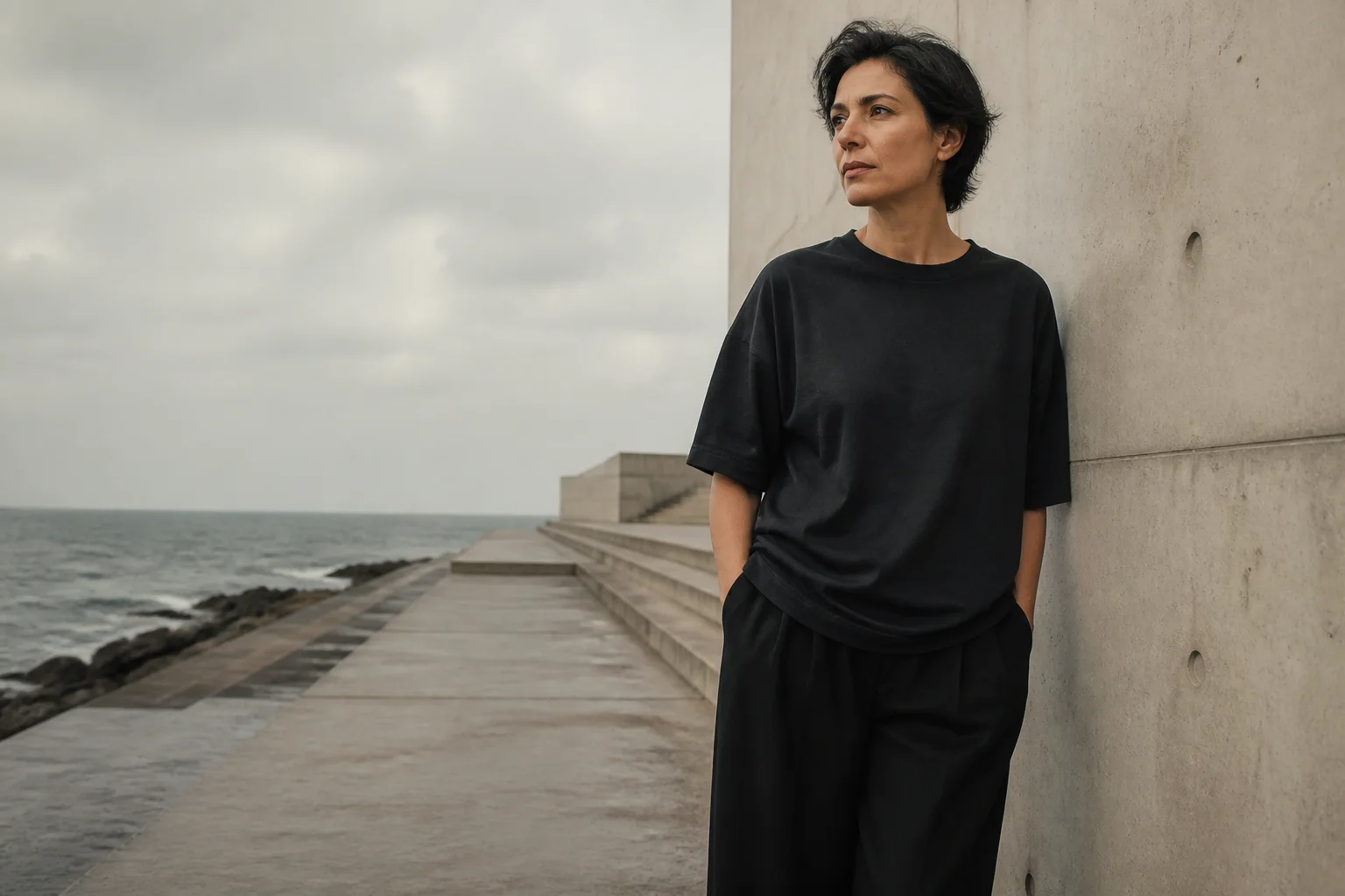 Woman wearing an oversized washed-black T-shirt beside a coastal concrete wall