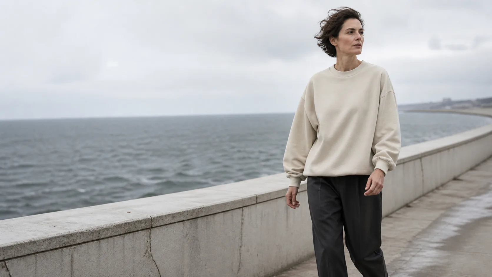 Woman wearing a warm bone Acheilus sweatshirt on a windswept coast